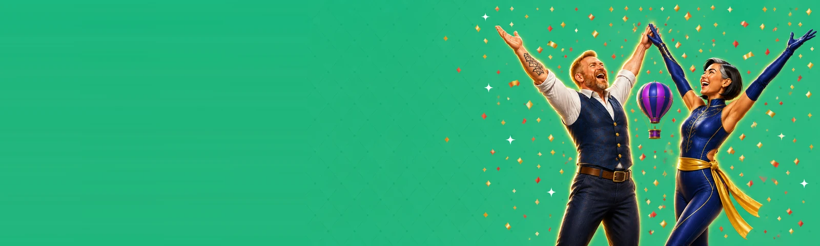 Rollino Casino performers celebrating under confetti